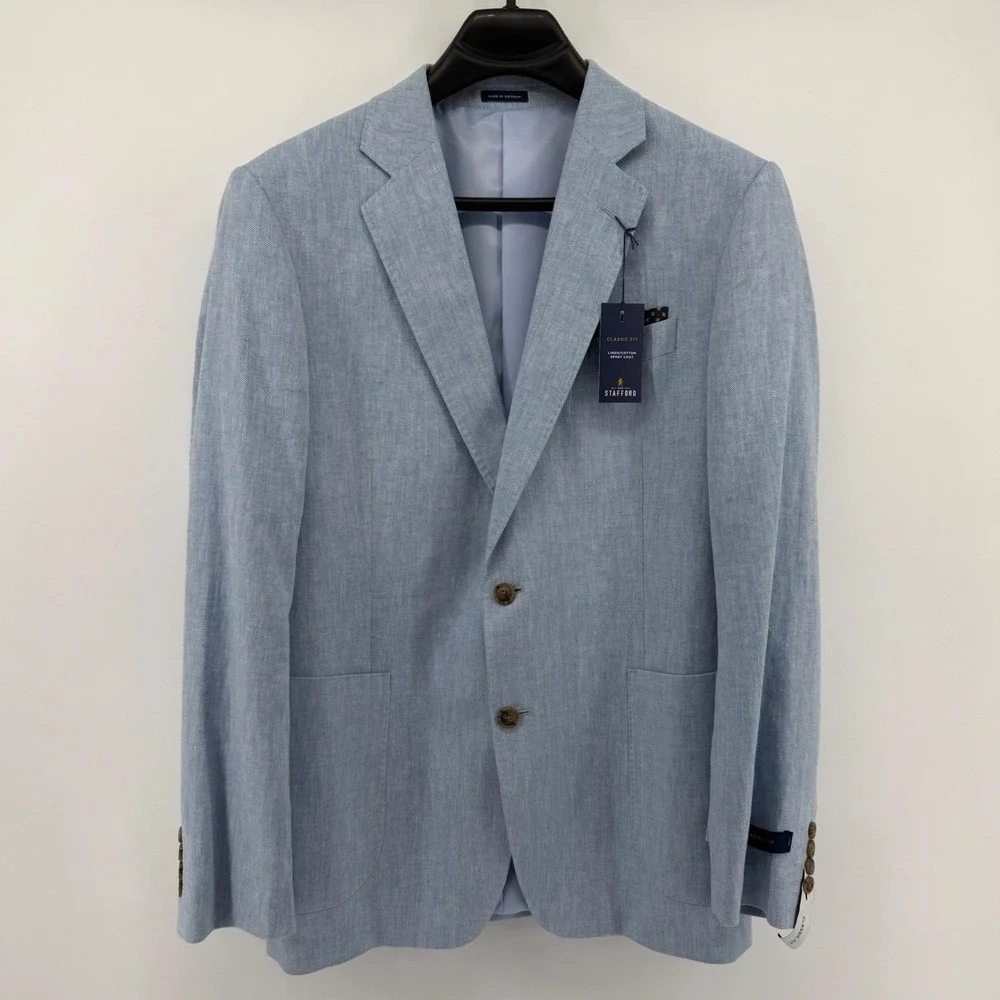 Stafford Sport Coat Mens 46S Light Blue Linen Cotton Herringbone Classic Blazer